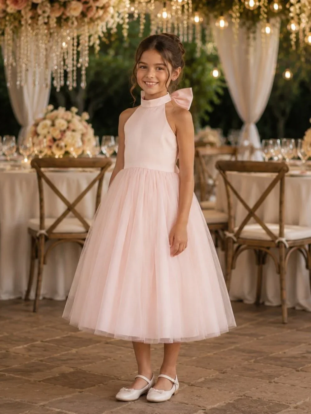 Pink Flower Girl Dress Satin Matte and Tulle Halter/Bow Neck size 8 NWT